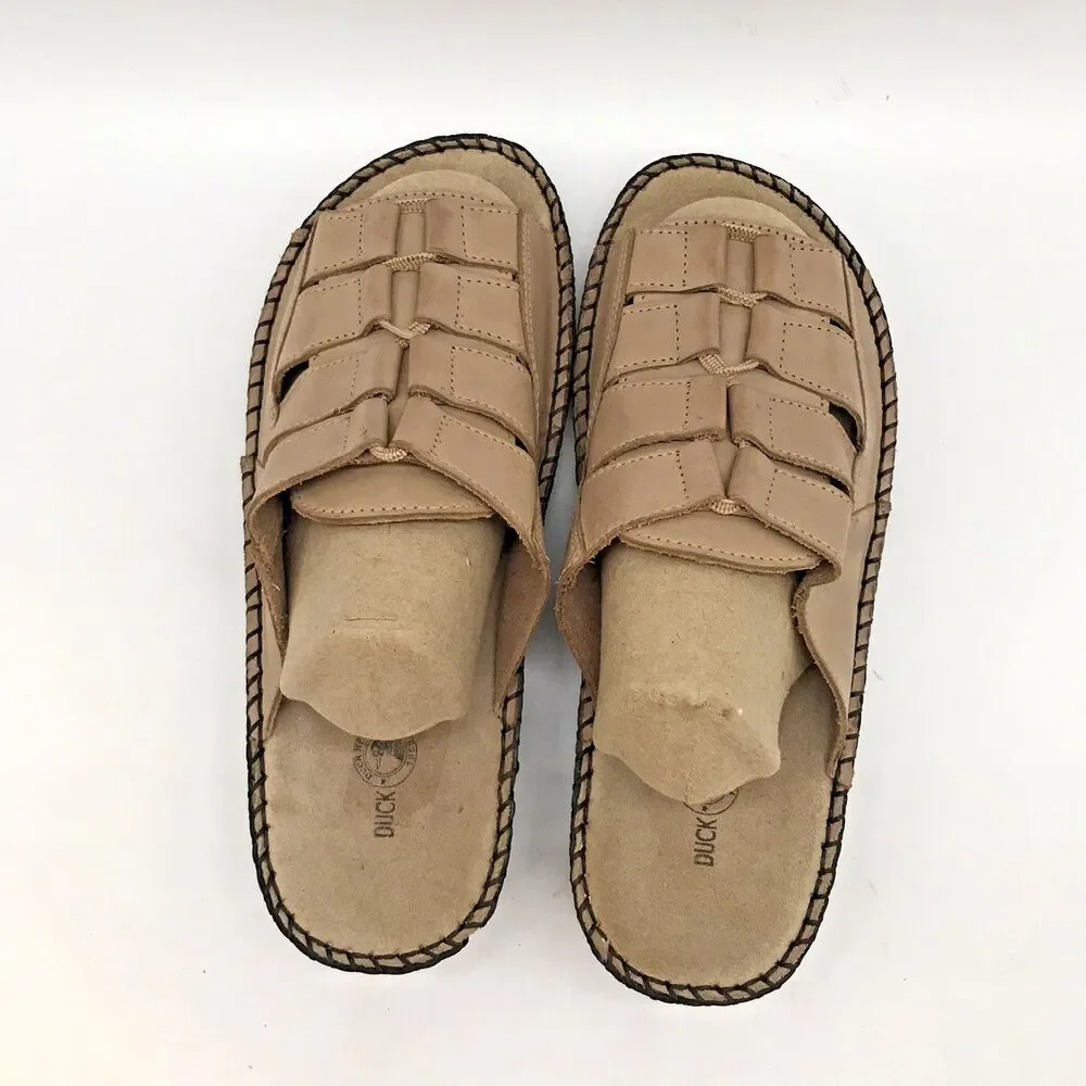 Duck Head Tan Leather Sandals Women's 7.5W Casual Comfort Wedge Slip On Slides